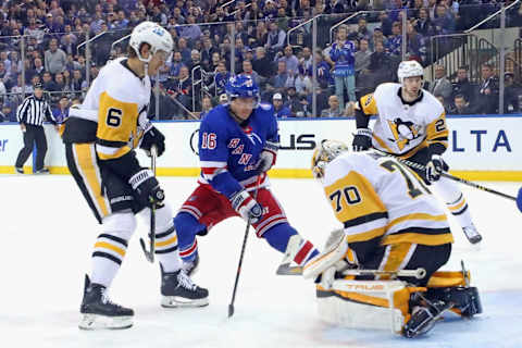 NEW YORK, NEW YORK – MAY 05: Ryan Strome #16 of the New York Rangers skates against Louis Domingue #70 of the Pittsburgh Penguins in Game Two of the First Round of the 2022 Stanley Cup Playoffs at Madison Square Garden on May 05, 2022 in New York City. The Rangers defeated the Penguins 5-2. (Photo by Bruce Bennett/Getty Images)