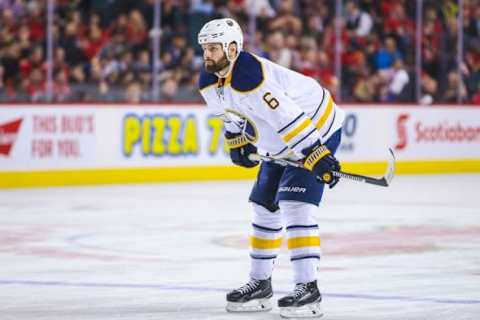 Dec 10, 2015; Calgary, Alberta, CAN; Buffalo Sabres defenseman Mike Weber (6) against the Calgary Flames during the first period at Scotiabank Saddledome. Calgary Flames won 4-3. Mandatory Credit: Sergei Belski-USA TODAY Sports