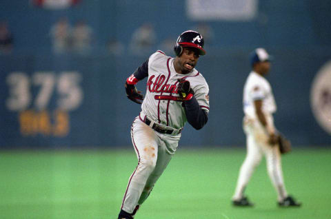 Deion Sanders of the Atlanta Braves. (Photo by Rick Stewart/Getty Images)