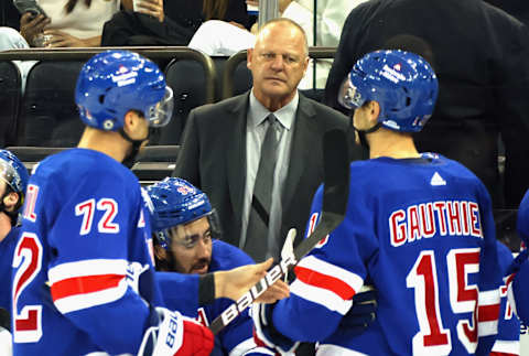 NEW YORK, NEW YORK – SEPTEMBER 26: Head coach Gerard Gallant of the New York Rangers handles bench duties against the New York Islanders in a preseason game at Madison Square Garden on September 26, 2021 in New York City. (Photo by Bruce Bennett/Getty Images)