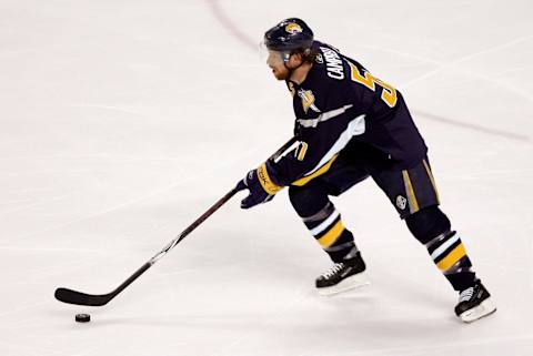 BUFFALO, NY – MAY 10: Brian Campbell #51 of the Buffalo Sabres skates with the puck during Game 1 of the 2007 Eastern Conference Finals against the Ottawa Senators on May 10, 2007 at the HSBC Center in Buffalo, New York. The Senators won the game 5-2. (Photo by Elsa/Getty Images)