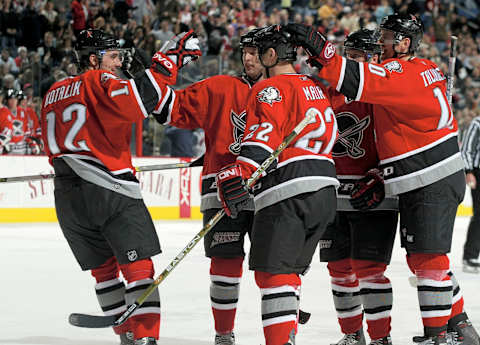 BUFFALO, NY – NOVEMBER 25: Ales Kotalik #12 of the Buffalo Sabres is congratulated by his teammates after scoring against the Montreal Canadiens on November 25, 2005 at HSBC Arena in Buffalo, New York. (Photo by Rick Stewart/Getty Images)