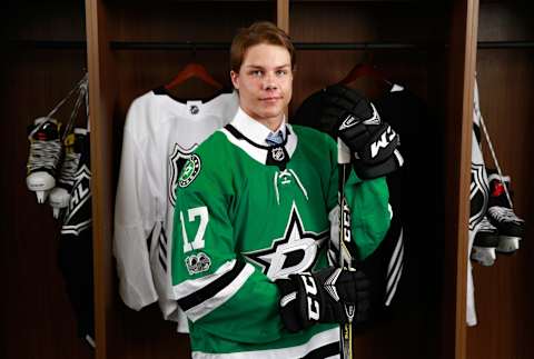 CHICAGO, IL – JUNE 23: Miro Heiskanen, third overall pick of the Dallas Stars, poses for a portrait during Round One of the 2017 NHL Draft at United Center on June 23, 2017 in Chicago, Illinois. (Photo by Jeff Vinnick/NHLI via Getty Images)