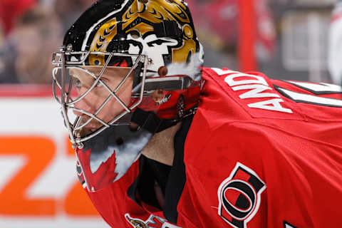 OTTAWA, ON – MAY 19: Craig Anderson #41 of the Ottawa Senators looks on during warmups prior to a game against the Pittsburgh Penguins in Game Four of the Eastern Conference Final during the 2017 NHL Stanley Cup Playoffs at Canadian Tire Centre on May 19, 2017 in Ottawa, Ontario, Canada. (Photo by Jana Chytilova/Freestyle Photography/Getty Images) *** Local Caption ***