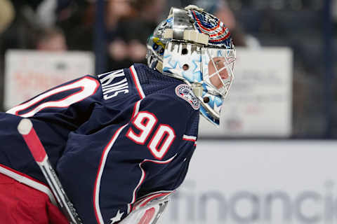 Mar 3, 2023; Columbus, Ohio, USA; Columbus Blue Jackets goaltender Elvis Merzlikins (90) looks on during warm-ups prior to the game against the Seattle Kraken at Nationwide Arena. Mandatory Credit: Jason Mowry-USA TODAY Sports