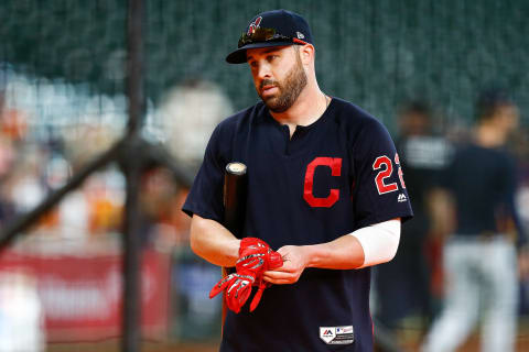 HOUSTON, TX – OCTOBER 06: Jason Kippnis #22 of the Cleveland Indians looks on during batting practice prior to Game Two of the American League Division Series against the Houston Astros at Minute Maid Park on October 6, 2018 in Houston, Texas. (Photo by Bob Levey/Getty Images)