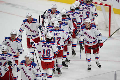 New York Rangers celebrate after defeating the Vegas Golden Knights