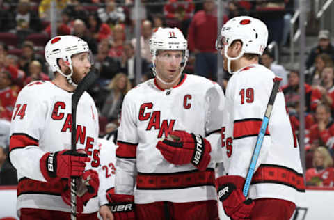 Jaccob Slavin #74, Jordan Staal #11, Dougie Hamilton #19, Carolina Hurricanes  (Photo by Bill Smith/NHLI via Getty Images)