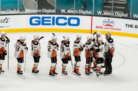 Anaheim Ducks Celebrating after win Mandatory Credit: John Hefti-USA TODAY Sports