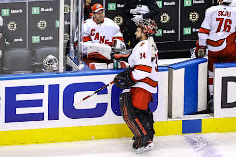 Petr Mrazek #34 of the Carolina Hurricanes. (Photo by Elsa/Getty Images)