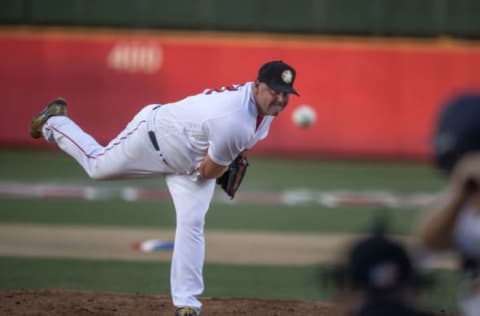 WICHITA, KS – AUGUST 10: Roger Clemens, wearing his Red Sox jersey, pitches with the Kansas Stars, a team made up of almost all retired major leaguers, playing in the NBC World Series against amateurs at Lawrence-Dumont Stadium in Wichita, Kansas, Aug. 10, 2016. (Photo by Stan Grossfeld/The Boston Globe via Getty Images)