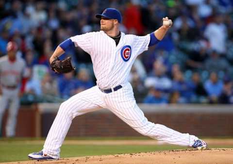 Apr 13, 2015; Chicago, IL, USA; Chicago Cubs starting pitcher 