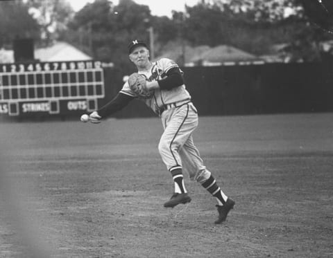 Braves Red Schoendienst practicing in spring training. (Photo by Art Rickerby/The LIFE Images Collection/Getty Images)