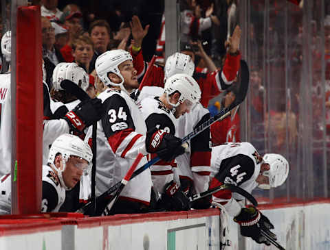 NEWARK, NJ – OCTOBER 28: The Arizona Coyotes react to a 4-3 loss to the New Jersey Devils at the Prudential Center on October 28, 2017 in Newark, New Jersey. With the loss the Coyotes have a 0-10-1 record this season. (Photo by Bruce Bennett/Getty Images)