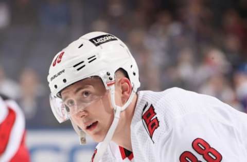 ELMONT, NEW YORK – APRIL 24: Martin Necas #88 of the Carolina Hurricanes skates against the New York Islanders at the UBS Arena on April 24, 2022, in Elmont, New York. (Photo by Bruce Bennett/Getty Images)