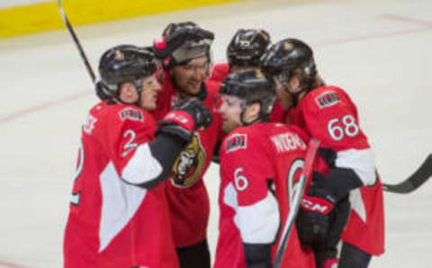 Apr 15, 2017; Ottawa, Ontario, CAN; The Ottawa Senators celebrate a goal scored by defenseman Chris Wideman (6) in the third period against the Boston Bruins in game two of the first round of the 2017 Stanley Cup Playoffs at Canadian Tire Centre. Mandatory Credit: Marc DesRosiers-USA TODAY Sports