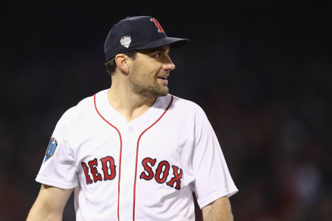 BOSTON, MA – OCTOBER 23: Nathan Eovvaldi #17 of the Boston Red Sox reacts during the eighth inning against the Los Angeles Dodgers in Game One of the 2018 World Series at Fenway Park on October 23, 2018 in Boston, Massachusetts. (Photo by Maddie Meyer/Getty Images)