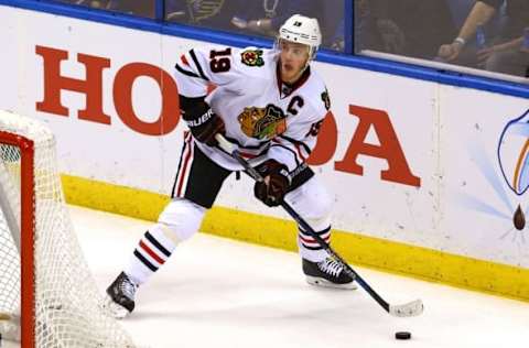 Apr 15, 2016; St. Louis, MO, USA; Chicago Blackhawks center Jonathan Toews (19) skates with the puck during game two of the first round of the 2016 Stanley Cup Playoffs against the St. Louis Blues at Scottrade Center. The Blackhawks won the game 3-2. Mandatory Credit: Billy Hurst-USA TODAY Sports