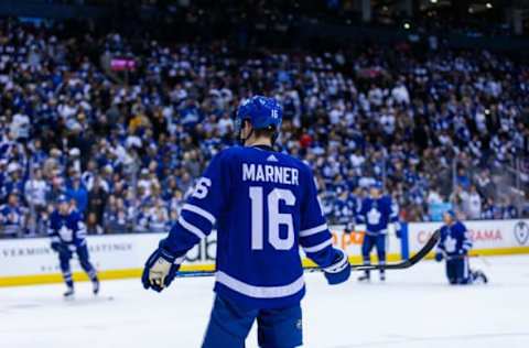 TORONTO, ON - APRIL 21: Mitchell Marner #16 of the Toronto Maple Leafs during warm up before a game against the Boston Bruins during Game Six of the Eastern Conference First Round during the 2019 NHL Stanley Cup Playoffs at the Scotiabank Arena on April 21, 2019 in Toronto, Ontario, Canada. (Photo by Kevin Sousa/NHLI via Getty Images)