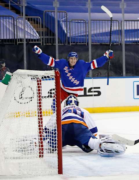 NEW YORK, NEW YORK – JANUARY 16: Kaapo Kakko #24 of the New York Rangers scores against Ilya Sorokin #30 of the New York Islanders at 15:24 of the second period at Madison Square Garden on January 16, 2021 in New York City. (Photo by Bruce Bennett/Getty Images)