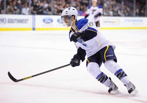 Jan 26, 2013; Dallas, TX, USA; St. Louis Blues center Andy McDonald (10) skates in the Dallas Stars zone during the game at the American Airlines Center. The Blues defeated the Stars 4-3. Mandatory Credit: Jerome Miron-USA TODAY Sports