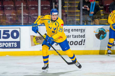 KELOWNA, BC – DECEMBER 18: Pontus Holmberg #29 of Team Sweden warms up against the Team Russia at Prospera Place on December 18, 2018 in Kelowna, Canada. (Photo by Marissa Baecker/Getty Images)