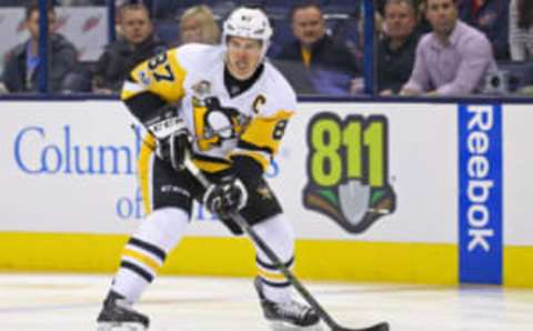 Feb 17, 2017; Columbus, OH, USA; Pittsburgh Penguins center Sidney Crosby (87) against the Columbus Blue Jackets at Nationwide Arena. The Blue Jackets won 2-1 in overtime. Mandatory Credit: Aaron Doster-USA TODAY Sports