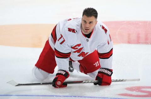 TORONTO, ON – FEBRUARY 7: Tony DeAngelo #77 of the Carolina Hurricanes warms up prior to playing against the Toronto Maple Leafs in an NHL game at Scotiabank Arena on February 7, 2022, in Toronto, Ontario, Canada. (Photo by Claus Andersen/Getty Images)