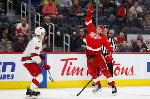 Mar 10, 2020; Detroit, Michigan, USA; Detroit Red Wings defenseman Madison Bowey (right) catches the puck against Carolina Hurricanes center Martin Necas (88) during the second period at Little Caesars Arena. Mandatory Credit: Raj Mehta-USA TODAY Sports