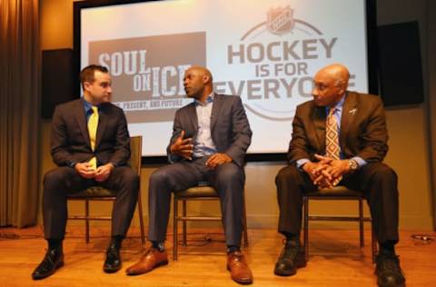 NEW YORK, NY – MARCH 29: (L-R) NHL Network’s Tony Luftman film director Kwame (Damon Mason) and former NHL player Willie O’Ree have a discussion during the screening of Soul On Ice: Past, Present And Future at Paley Center For Media on March 29, 2017, in New York City. (Photo by Andy Marlin/NHLI via Getty Images)