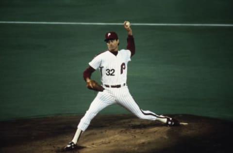 PHILADELPHIA – OCTOBER 14: Steve Carlton #32 of the Philadelphia Phillies pitches against the Baltimore Orioles during Game three of the 1983 World Series at Veterans Stadium on October 14, 1983 in Philadelphia, Pennsylvania. (Photo by Focus on Sport/Getty Images)