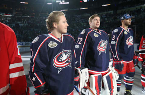 LOS ANGELES, CA – JANUARY 28: (L-R) Cam Atkinson #13 of the Columbus Blue Jackets, Sergei Bobrovsky #72 of the Columbus Blue Jackets and Seth Jones #3 of the Columbus Blue Jackets look on during player introductions prior to the 2017 Coors Light NHL All-Star Skills Competition at Staples Center on January 28, 2017 in Los Angeles, California. (Photo by Dave Sandford/NHLI via Getty Images)