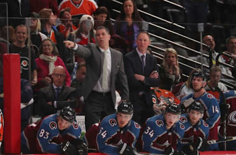 DENVER, CO – MARCH 28: Head coach Jared Bednar of the Colorado Avalanche directs his team during the third period of the game against the Philadelphia Flyers at the Pepsi Center on March 28, 2018 in Denver, Colorado. The Flyers defeated the Avalanche 2-1. (Photo by Michael Martin/NHLI via Getty Images)