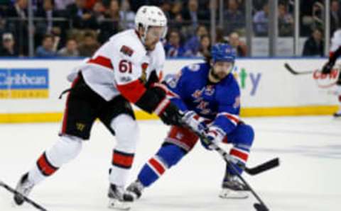 May 4, 2017; New York, NY, USA; New York Rangers right wing Mats Zuccarello (36) steals the puck from Ottawa Senators right wing Mark Stone (61) during the third period in game four of the second round of the 2017 Stanley Cup Playoffs at Madison Square Garden. Mandatory Credit: Adam Hunger-USA TODAY Sports