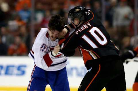 ANAHEIM, CA: Andrew Shaw #65 of the Montreal Canadiens fights with Corey Perry #10 of the Anaheim Ducks during the first period on November 29, 2016. (Photo by Sean M. Haffey/Getty Images)