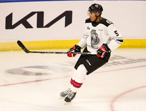 KITCHENER, ONTARIO – MARCH 23: Noah Warren #6 of Team White skates during morning skate prior to the 2022 CHL/NHL Top Prospects Game at Kitchener Memorial Auditorium on March 23, 2022 in Kitchener, Ontario. (Photo by Chris Tanouye/Getty Images)