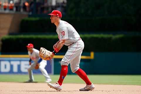 Sometimes, Realmuto’s rest is manning first base. Photo by J. Robbins/Getty Images.