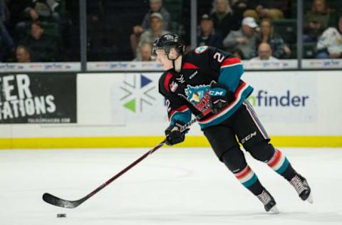 EVERETT, WA – JANUARY 18: Kelowna Rockets defenseman Lassi Thomson (2) carries the puck on the breakout in the first period during a game between the Kelowna Rockets and the Everett Silvertips on Friday, January 18, 2019 at Angel of the Winds Arena in Everett, WA. (Photo by Christopher Mast/Icon Sportswire via Getty Images)