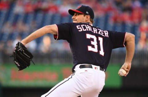 May 26, 2017; Washington, DC, USA; Washington Nationals starting pitcher Scherzer (31) throws to the San Diego Padres during the second inning at Nationals Park. Mandatory Credit: Brad Mills-USA TODAY Sports