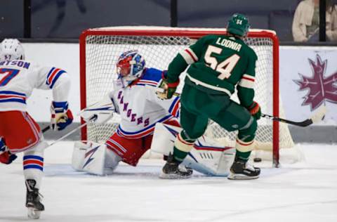 TRAVERSE CITY, MI – SEPTEMBER 09: Ivan Lodnia #54 of the Minnesota Wild scores a goal on Igor Shesterkin #31 of the New York Rangers during Day-4 of the NHL Prospects Tournament at Centre Ice Arena on September 9, 2019 in Traverse City, Michigan. (Photo by Dave Reginek/NHLI via Getty Images)