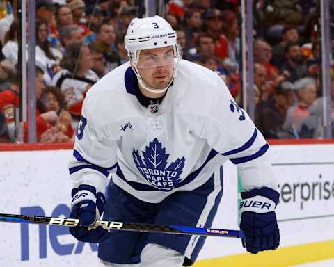 SUNRISE, FL – APRIL 10: Justin Holl #3 of the Toronto Maple Leafs skates during first period action against the Florida Panthers at the FLA Live Arena on April 10, 2023 in Sunrise, Florida. (Photo by Joel Auerbach/Getty Images)