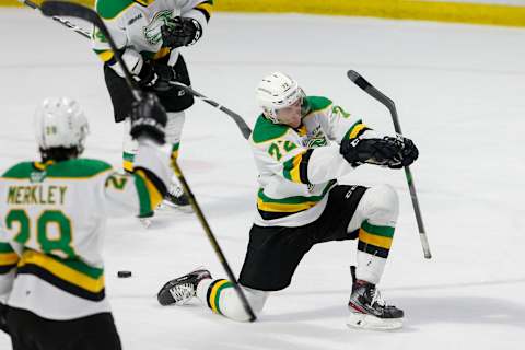 Defenseman Alec Regula #72 of the London Knights. (Photo by Dennis Pajot/Getty Images)