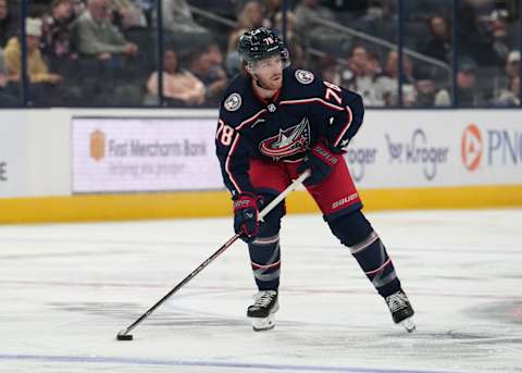 COLUMBUS, OHIO – SEPTEMBER 24: Damon Severson #78 of the Columbus Blue Jackets skates with the puck during the second period against the Pittsburgh Penguins at Nationwide Arena on September 24, 2023 in Columbus, Ohio. (Photo by Jason Mowry/Getty Images)