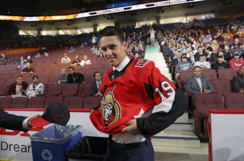 VANCOUVER, BRITISH COLUMBIA – JUNE 22: Shane Pinto after being selected 32nd overall by the Ottawa Senators during the 2019 NHL Draft at Rogers Arena on June 22, 2019 in Vancouver, Canada. (Photo by Bruce Bennett/Getty Images)