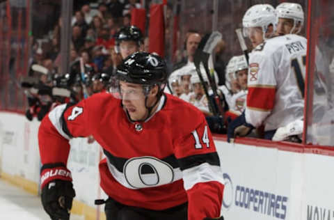 OTTAWA, ON – MARCH 28: Max Veronneau #14 of the Ottawa Senators skates against the Florida Panthers at Canadian Tire Centre on March 28, 2019 in Ottawa, Ontario, Canada. (Photo by Andre Ringuette/NHLI via Getty Images)