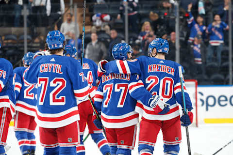 NEW YORK, NY – NOVEMBER 06: Chris Kreider #20 and Tony DeAngelo #77 of the New York Rangers celebrate after defeating the Detroit Red Wings 5-1 at Madison Square Garden on November 6, 2019 in New York City. (Photo by Jared Silber/NHLI via Getty Images)