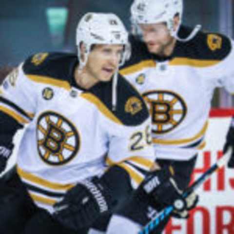 Mar 15, 2017; Calgary, Alberta, CAN; Boston Bruins defenseman John-Michael Liles (26) during the warmup period against the Calgary Flames at Scotiabank Saddledome. Mandatory Credit: Sergei Belski-USA TODAY Sports