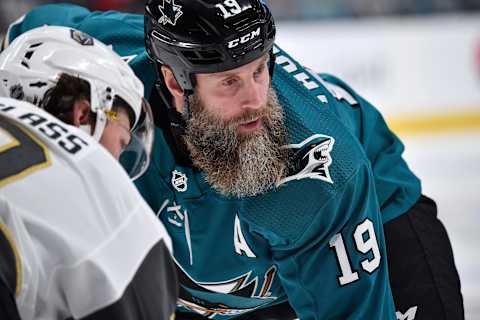 SAN JOSE, CA – OCTOBER 04: Joe Thornton #19 of the San Jose Sharks takes a face-off against the Vegas Golden Knights at SAP Center on October 4, 2019 in San Jose, California. (Photo by Brandon Magnus/NHLI via Getty Images)