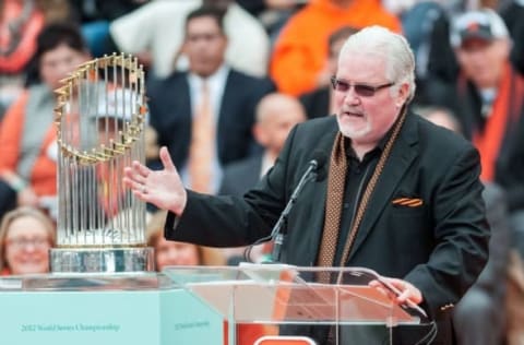 Oct 31, 2014; San Francisco, CA, USA; San Francisco Giants general manager Brian Sabean speaks to the crowd during the World Series celebration at City Hall. The San Francisco Giants defeated the Kansas City Royals in game seven of the World Series. Mandatory Credit: Ed Szczepanski-USA TODAY Sports