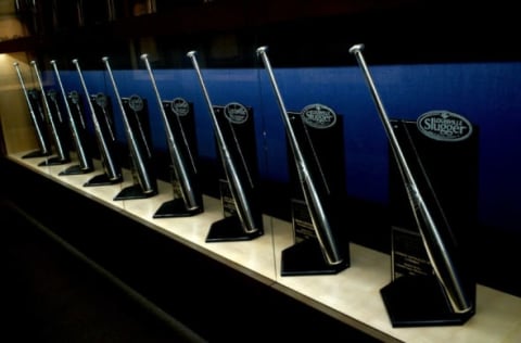 LOS ANGELES, CA – OCTOBER 10: Some of the Los Angeles Dodgers Louisville Silver Slugger Awards are displayed inside Dodger Stadium before game two of the National League Division Series on October 10, 2015 in Los Angeles, California. (Photo by Stephen Dunn/Getty Images)